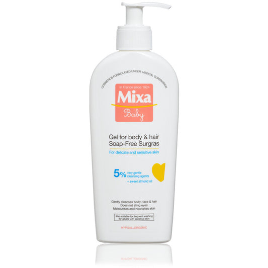 Mixa Baby Gel kūnui ir plaukams Muilas-Free Surgres – ypatingai maitinamasis valomasis gelis ir vaikų kūno plaukams