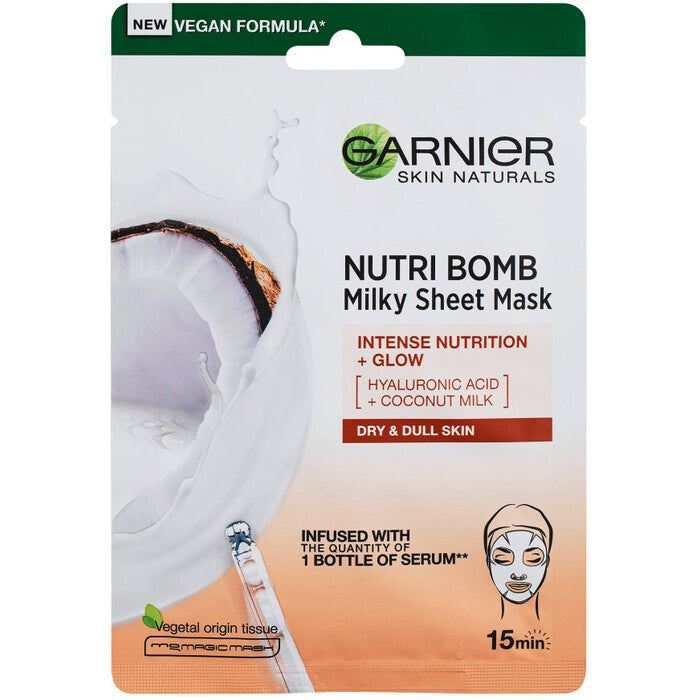 GARNIER Skin Naturals Milky Tissue Mask – tekstilinė veido kaukė su kokosų pienu sausai odai