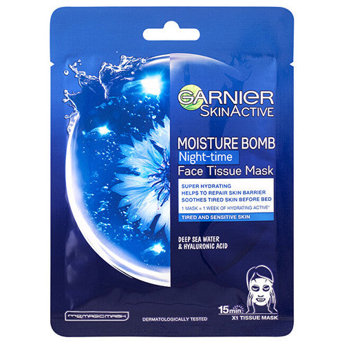 GARNIER Moisture Bomb Night-time Face Tissue Mask – drėkinanti regeneruojanti naktinė tekstilės kaukė 32.0g