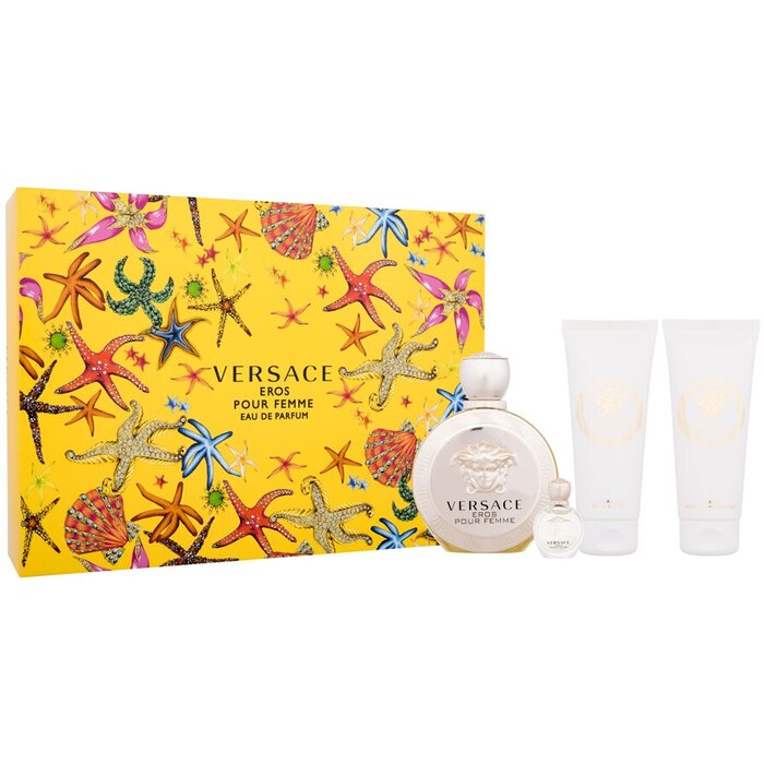 Versace Eros Pour Femme dovanų rinkinys EDP 100 ml, dušo gelis 100 ml, kūno losjonas 100 ml ir mini EDP 5 ml