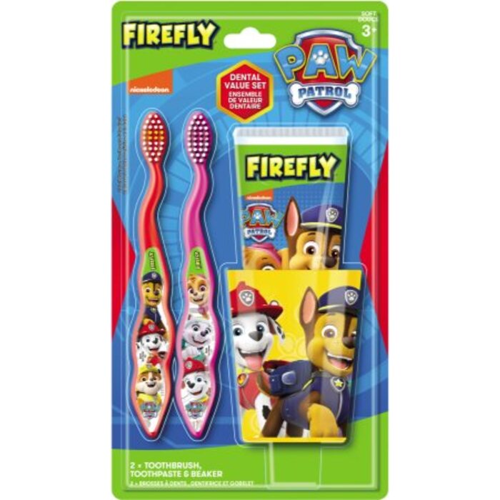 VAIKŲ KVAPAI „Firefly Paw Patrol“ dantų priežiūros rinkinys, minkštas (raudonas ir rožinis)