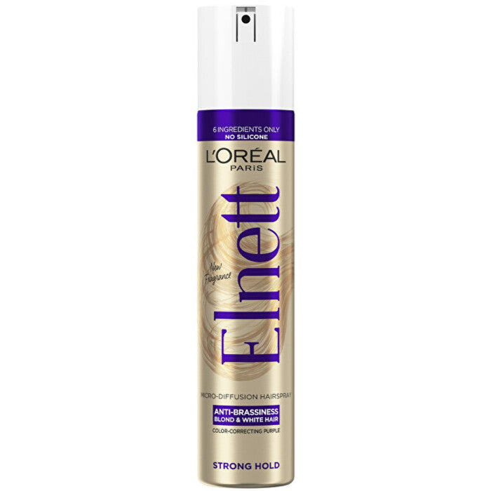 „L'Oréal Professionnel Elnett“ plaukų lakas „Anti-Brussiness“ – mikrodifuzinis plaukų lakas šviesiems ir baltiems plaukams.