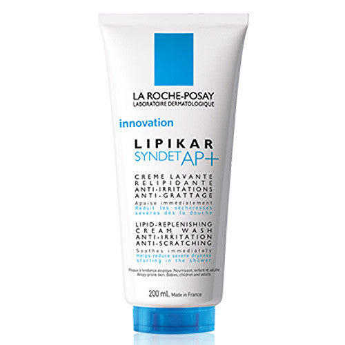 „La Roche-Posay Lipikar Syndet AP+“ lipidus papildantis prausimosi kremas nuo sausos odos sudirginimo ir niežėjimo.