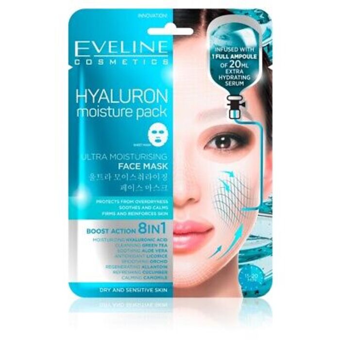 Eveline Cosmetics Hyaluron Moisture Pack Ultra Moisturizing Face Mask - Lakštinė kaukė visų tipų odai