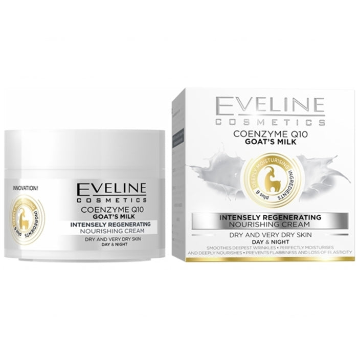 „Eveline Cosmetics“ intensyviai regeneruojantis dieninis ir naktinis kremas su koenzimu Q10 ožkos pienu – drėkinamasis odos kremas.
