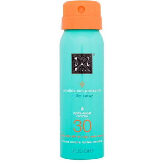 Rituals „The Ritual Of Karma Invisible Sun Protection Milky Spray SPF30“ – vandeniui atsparus ir drėkinamasis apsauginis pienelis purškiamame skystyje.