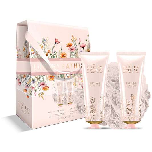 „Luxury Bathing Company“ dovanų dėžutėje sudėtas kūno priežiūros rinkinys (bijūnų, persikų ir aviečių)